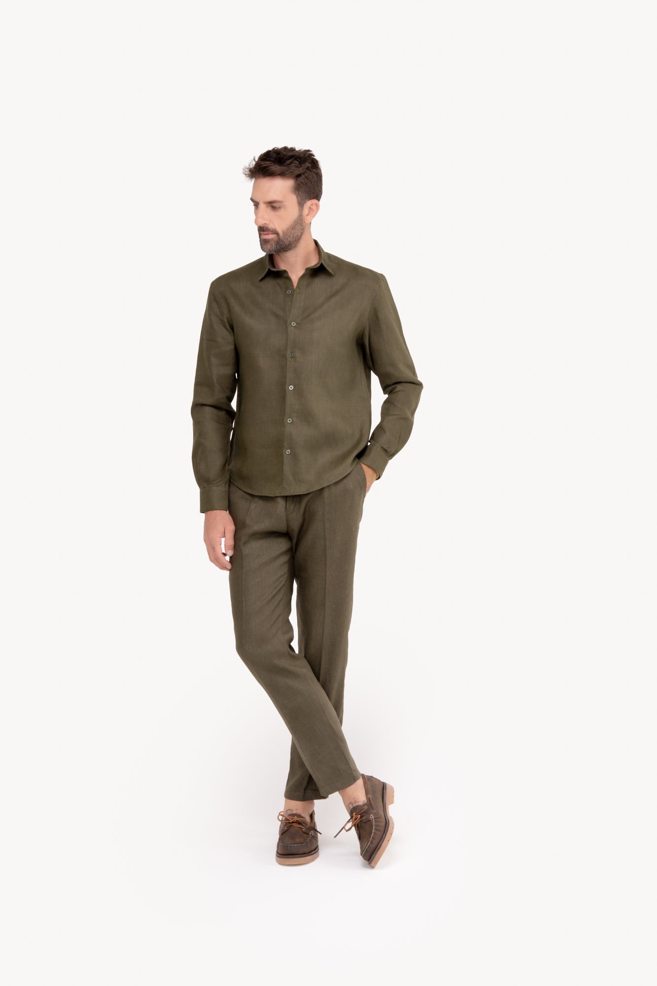 Camisa manga longa 100% Linho - VERDE MILITAR