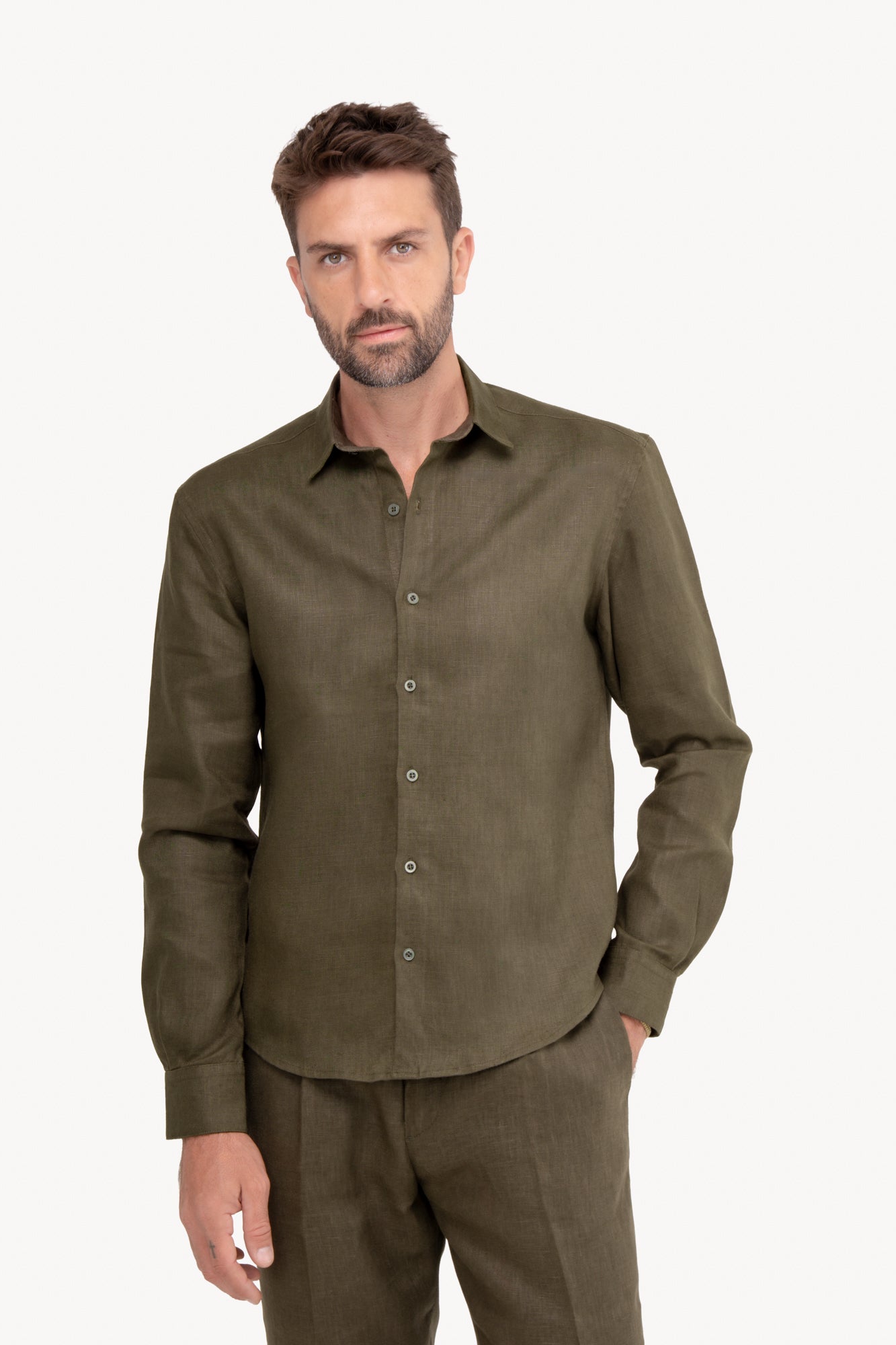 Camisa manga longa 100% Linho - VERDE MILITAR
