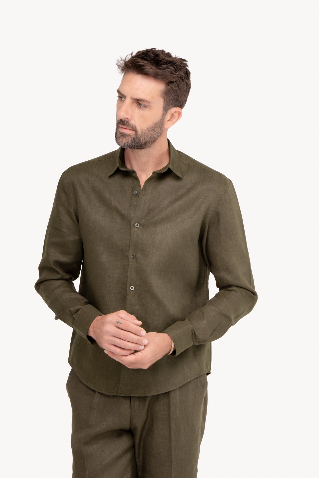 Camisa manga longa 100% Linho - VERDE MILITAR