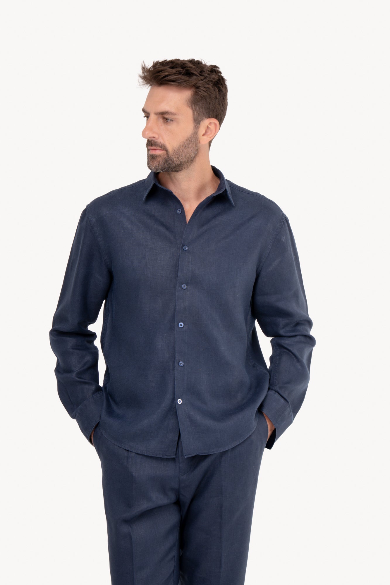 Camisa manga longa 100% Linho - AZUL MARINHO