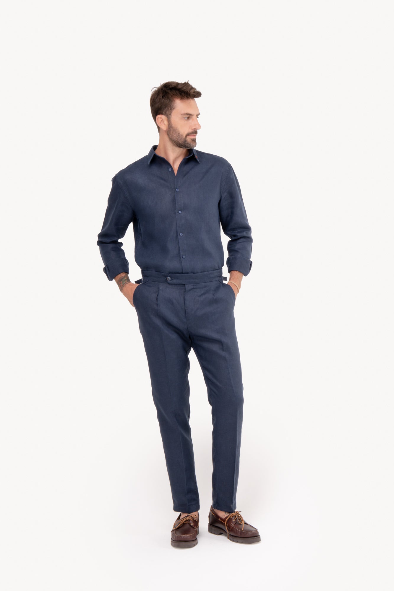 Calça Gurkha 100% linho com bolso faca - AZUL MARINHO